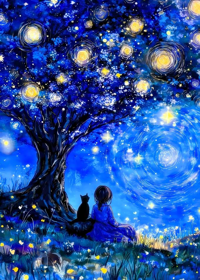 Girl and Cat Under Starry Tree