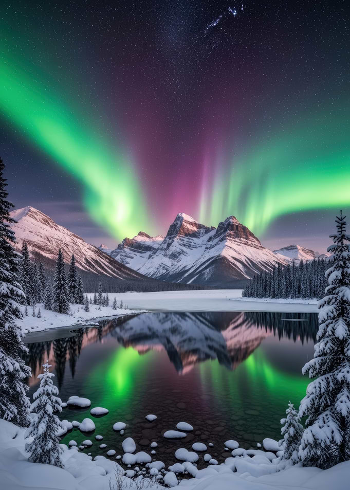 Aurora Borealis Over Snowy Mountains