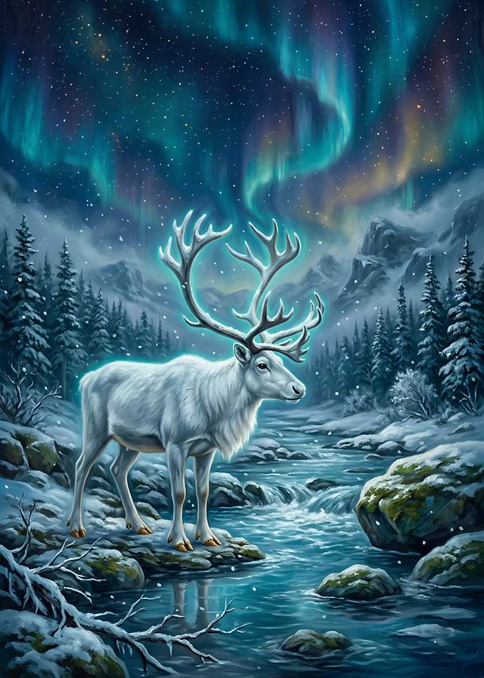 Reindeer Under Aurora Borealis