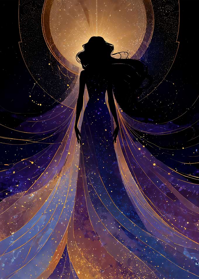 Celestial Woman Silhouette Galaxy Gown