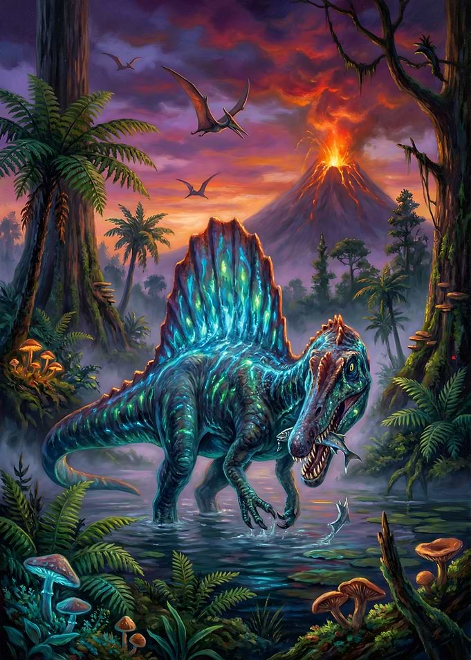 Spinosaurus hunting in prehistoric jungle