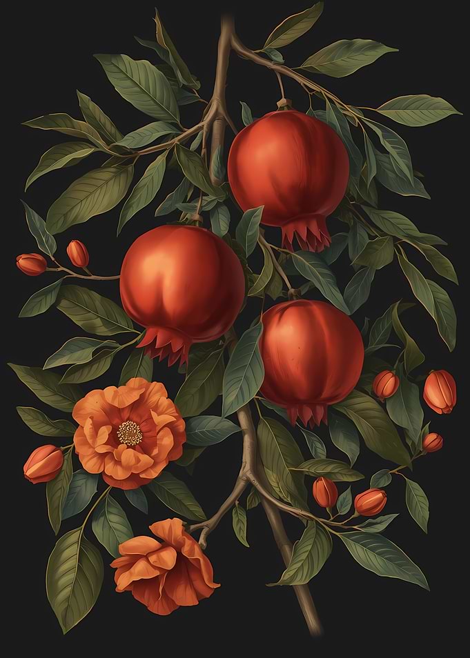Pomegranate Branch with Flowers