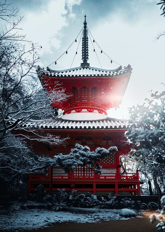 Red Pagoda in Snowy Japanese Garden
