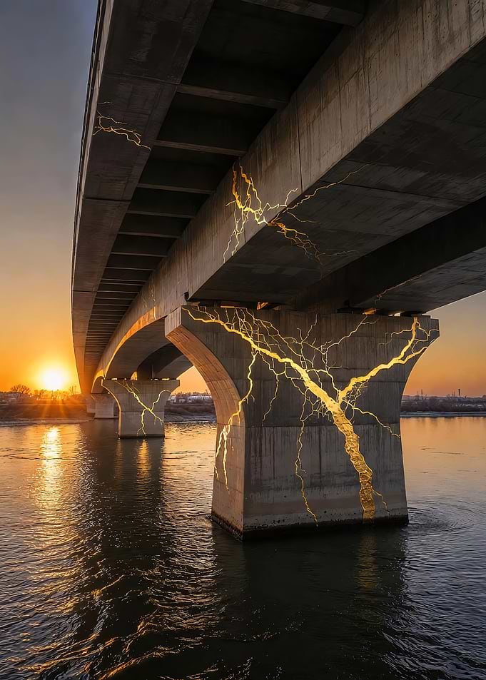 Kintsugi Bridge with Golden Cracks at Sunset