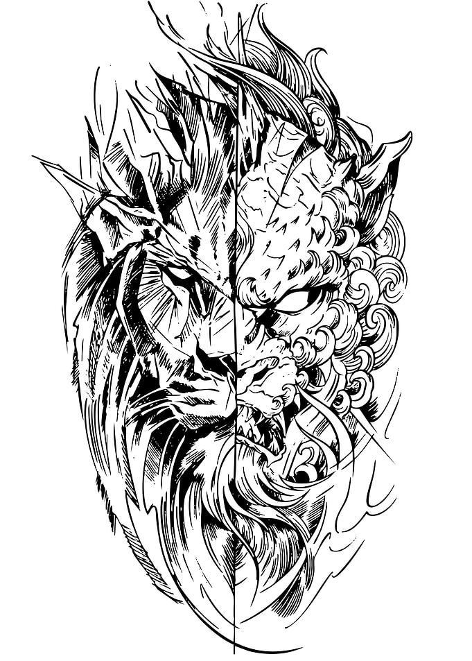 Split Lion and Tiger Face Tattoo Design