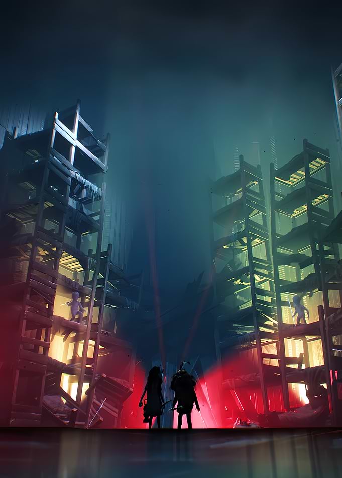 Two figures in a dystopian setting