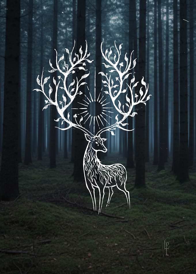Mystical Deer in a Dark Forest