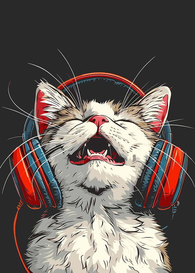 Cat with Headphones Listening to Music