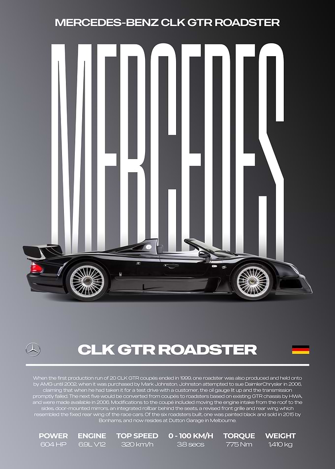 Mercedes-Benz CLK GTR Roadster Car Poster