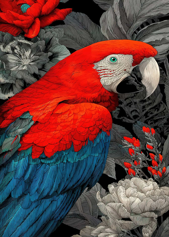 Vibrant Macaw Parrot Amidst Dark Floral Background