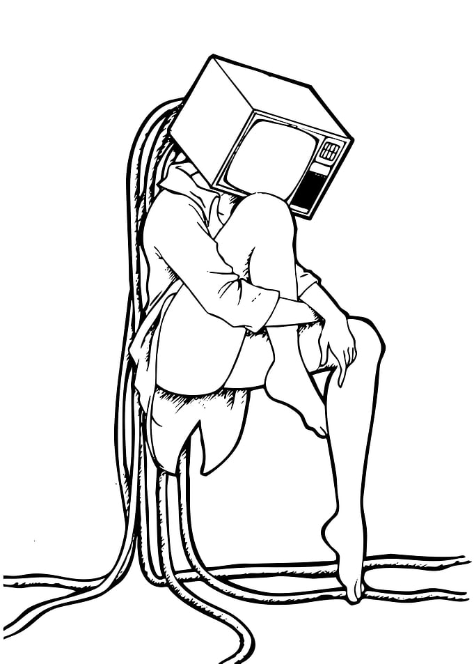 Person with TV head and wires