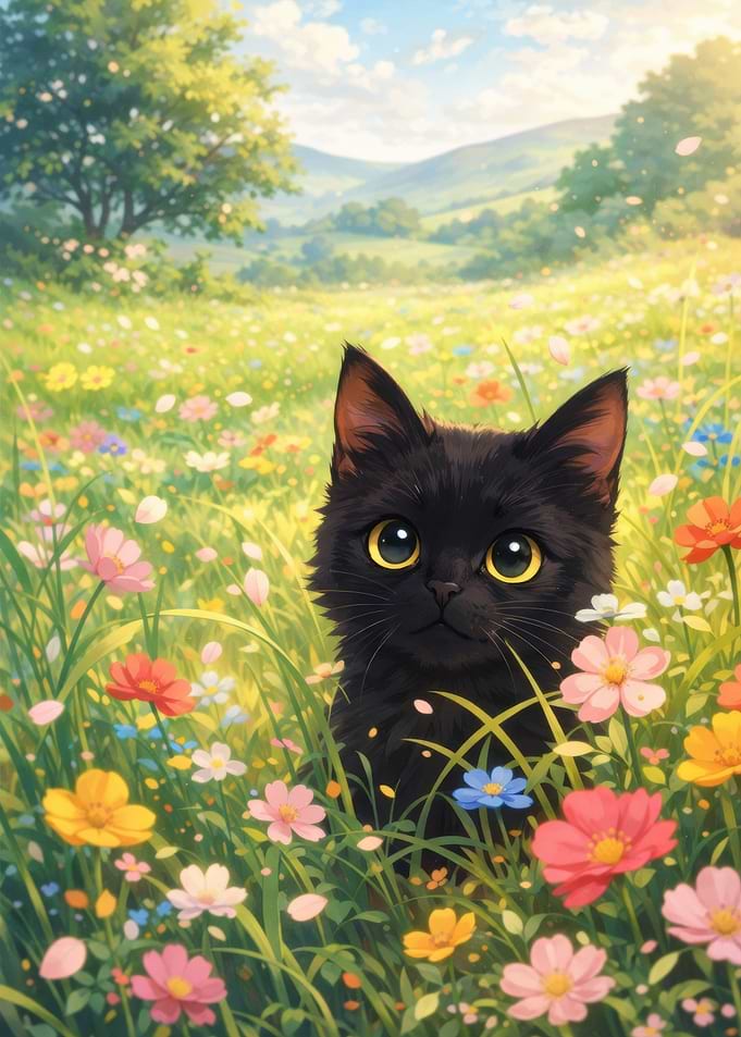 Cute Black Kitten in a Flower Field
