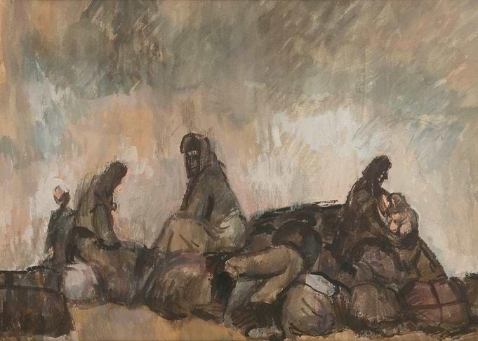 Group of figures in muted tones