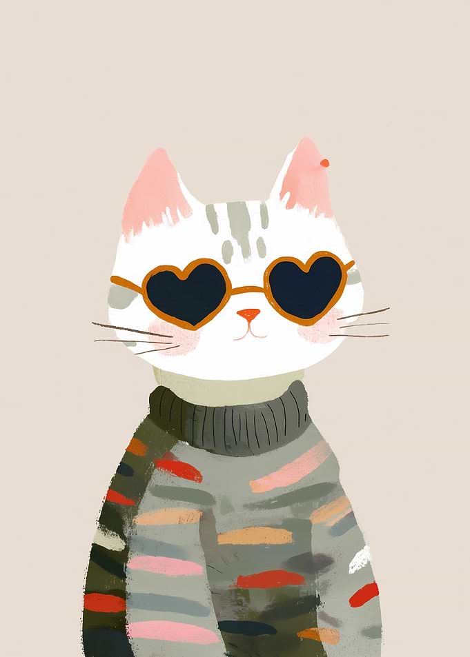 Cat Wearing Heart Sunglasses and Sweater
