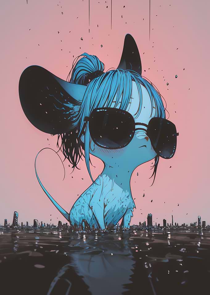 Blue Mouse Girl in Sunglasses Over City