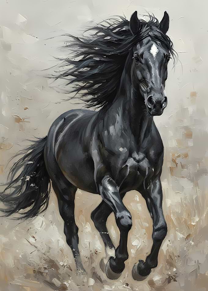 Black Horse Running in Dust