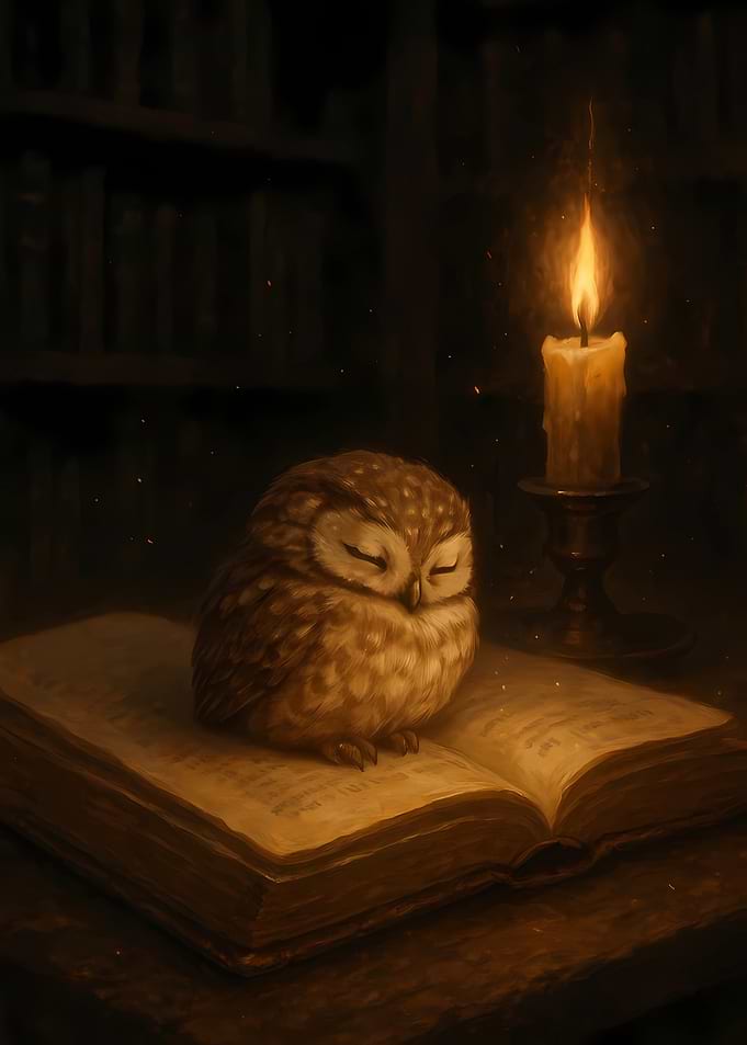 Sleeping Owl on Book by Candlelight