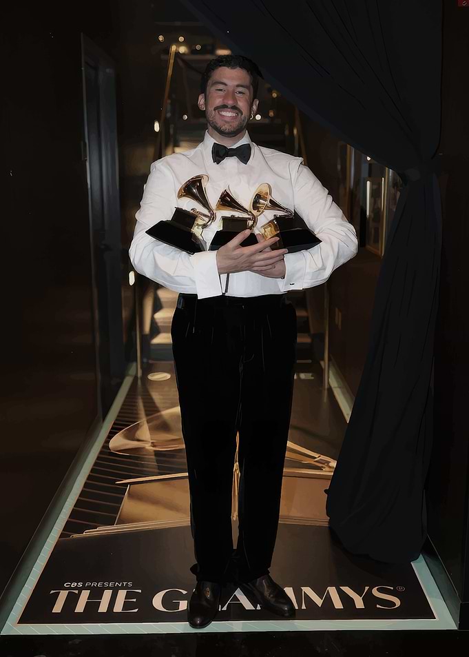 Man holding Grammy awards