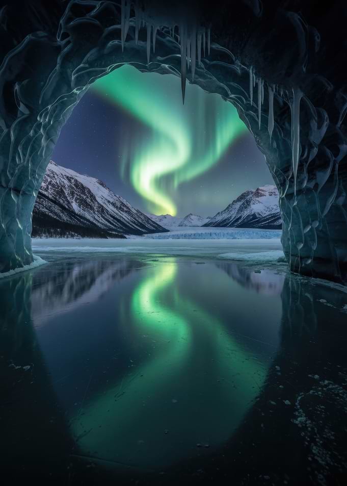 Aurora Borealis Over Snowy Mountains