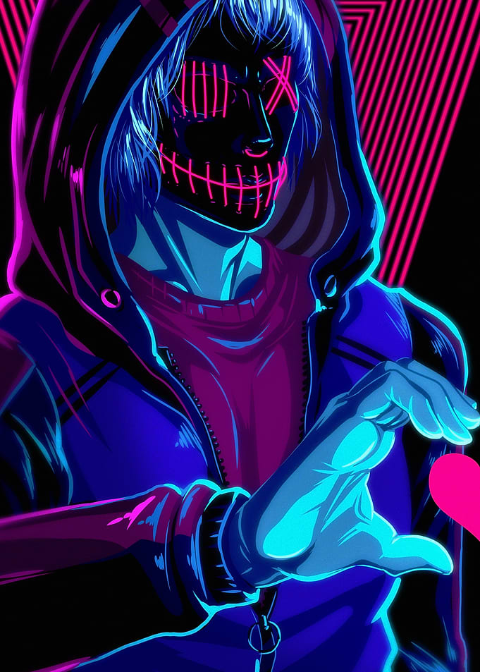 Neon Masked Figure Making Heart Shape