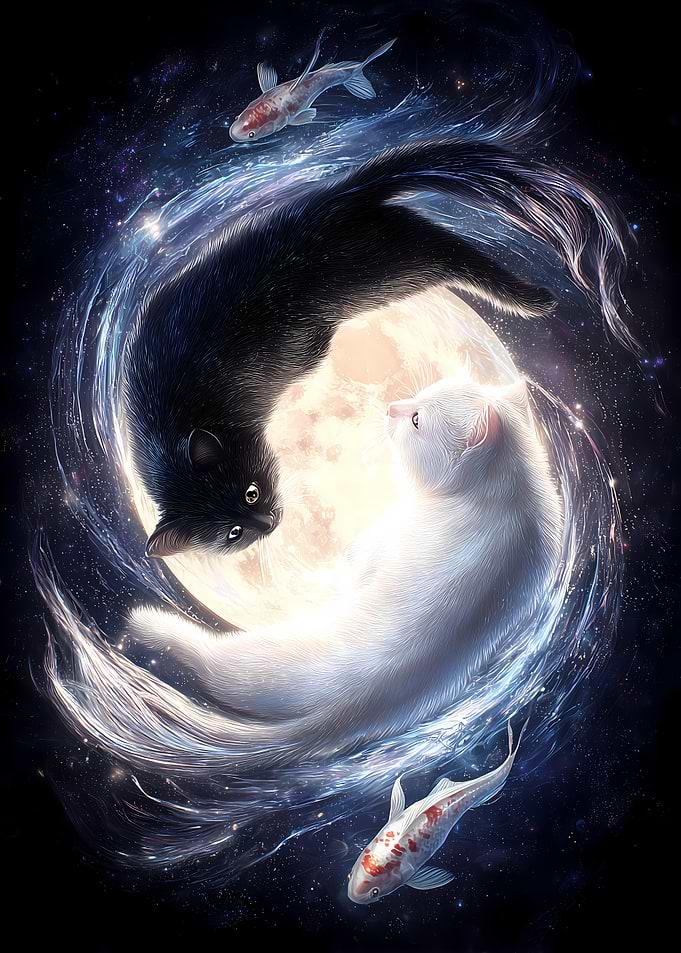 Yin Yang Cats and Koi Fish in Space