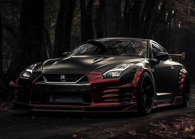 Black Nissan GT-R in forest