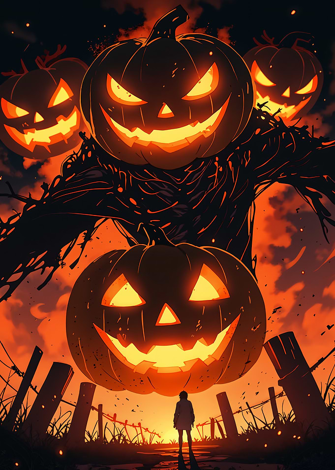 Scary Halloween Pumpkins and Lone Figure