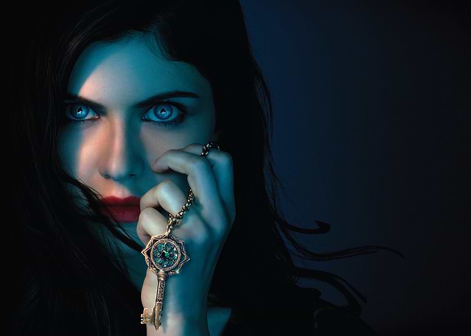 Mysterious Alexandra Daddario with Key Necklace