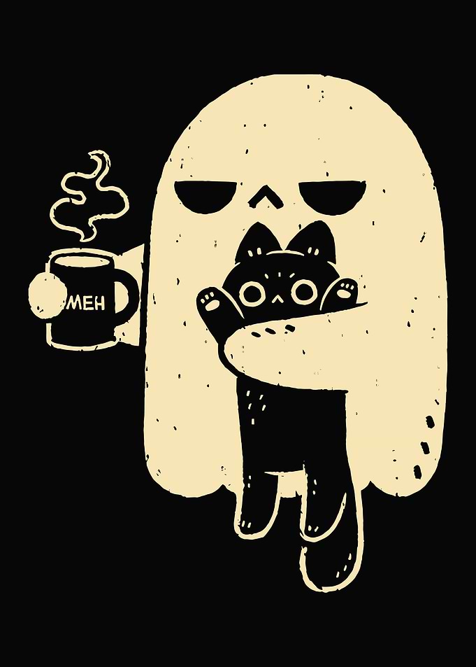 Ghost holding a cat and coffee