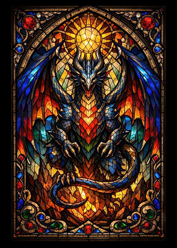 Stained Glass Dragon with Sun