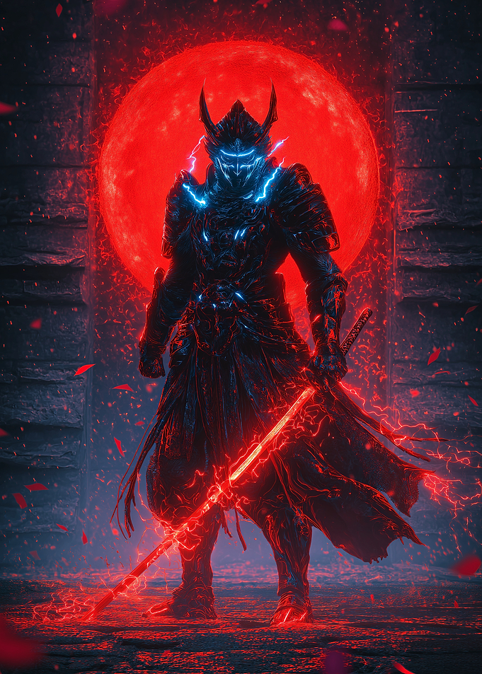 Cyberpunk Samurai Under Red Moon