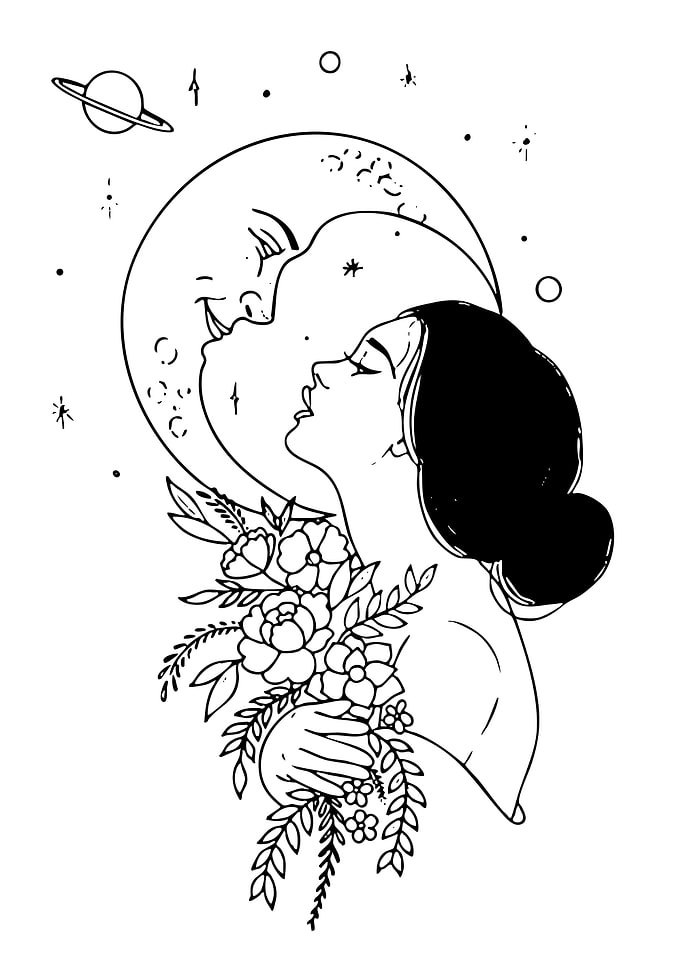 Woman and Moon with Flowers