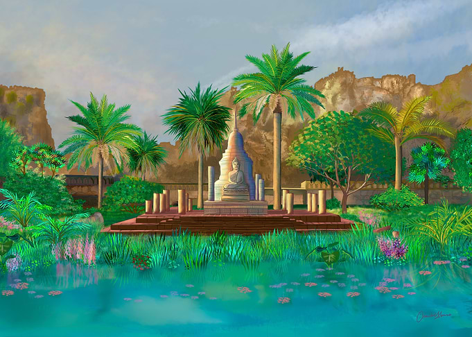 Serene Buddha Temple Lake Thailand Watercolor