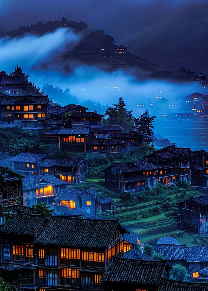 Misty Mountain Village at Dusk