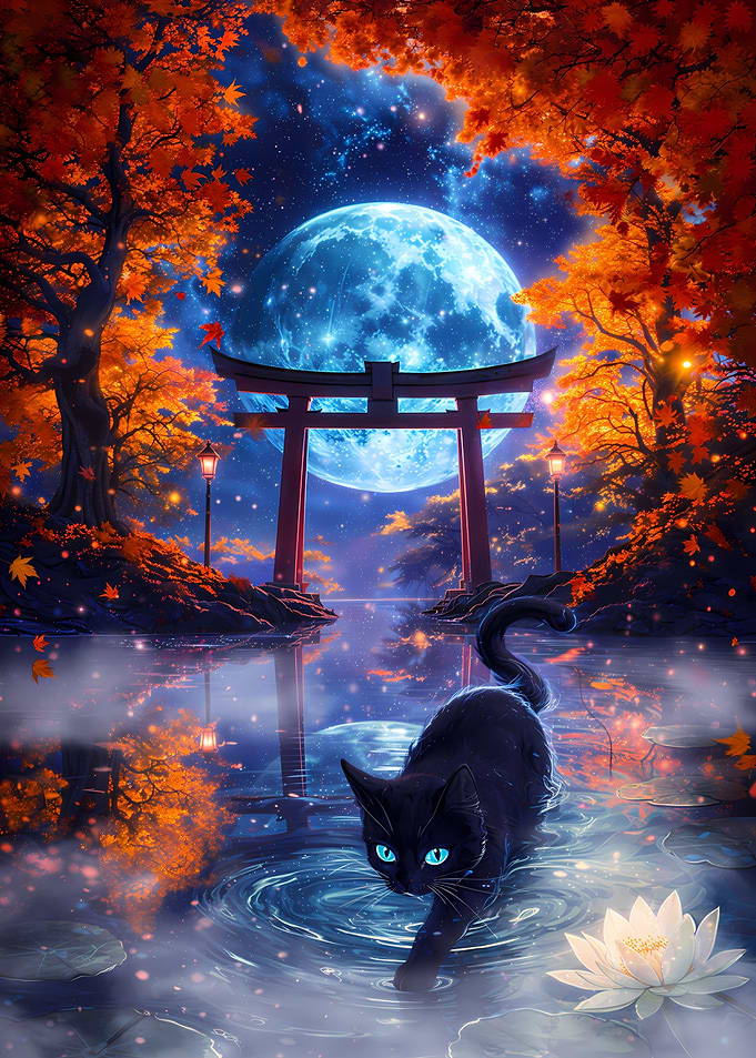 Black Cat by Torii Gate Under Moon