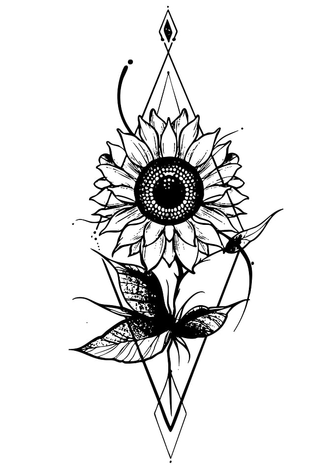 Geometric Sunflower and Butterfly Tattoo Design
