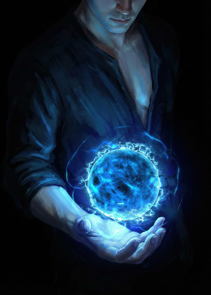 Man holding a glowing blue orb