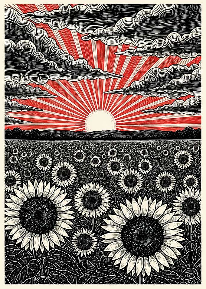 Sunflower Field Under a Red Sun