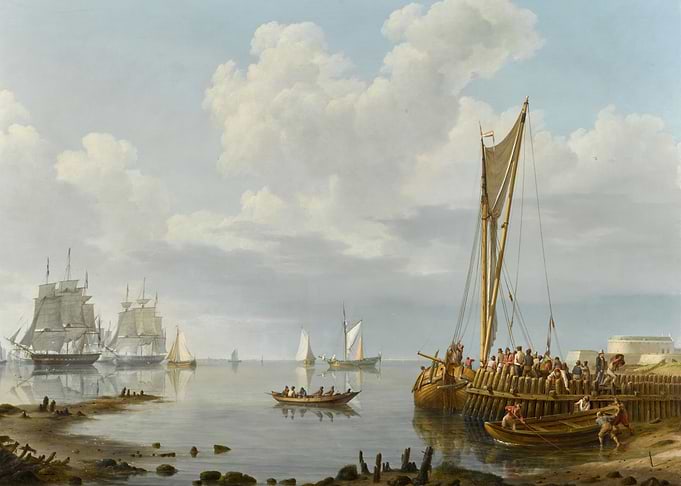 Boats in a Harbor with Tall Ships