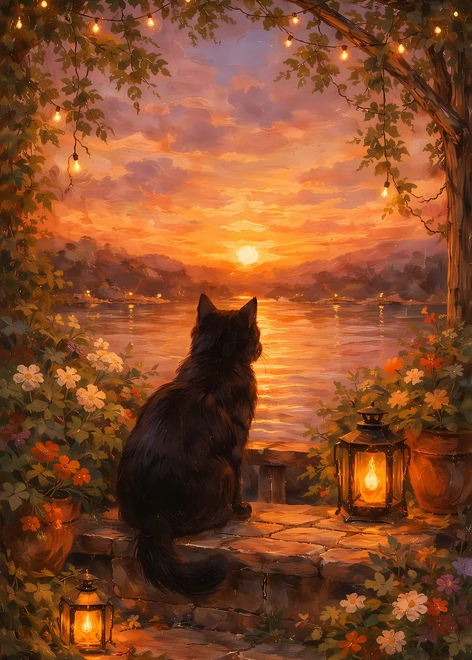 Black Cat Watching Sunset Over Lake