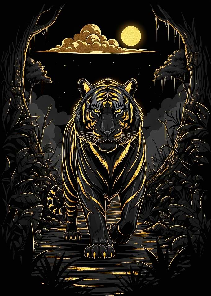 Golden Tiger in Moonlit Jungle