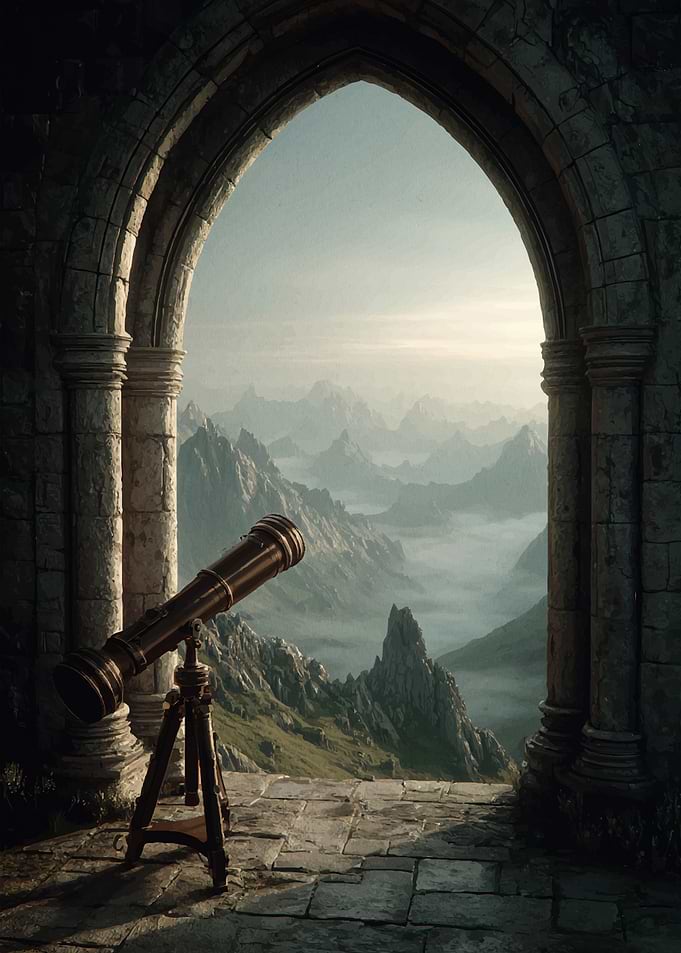 Telescope in Gothic Archway overlooking Mountains