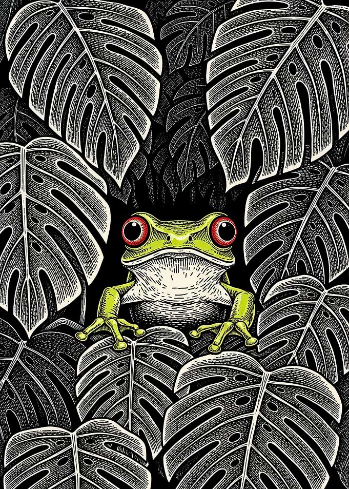 Green Frog with Red Eyes in Monstera Leaves