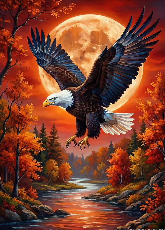 Bald Eagle Flying Over Autumn River