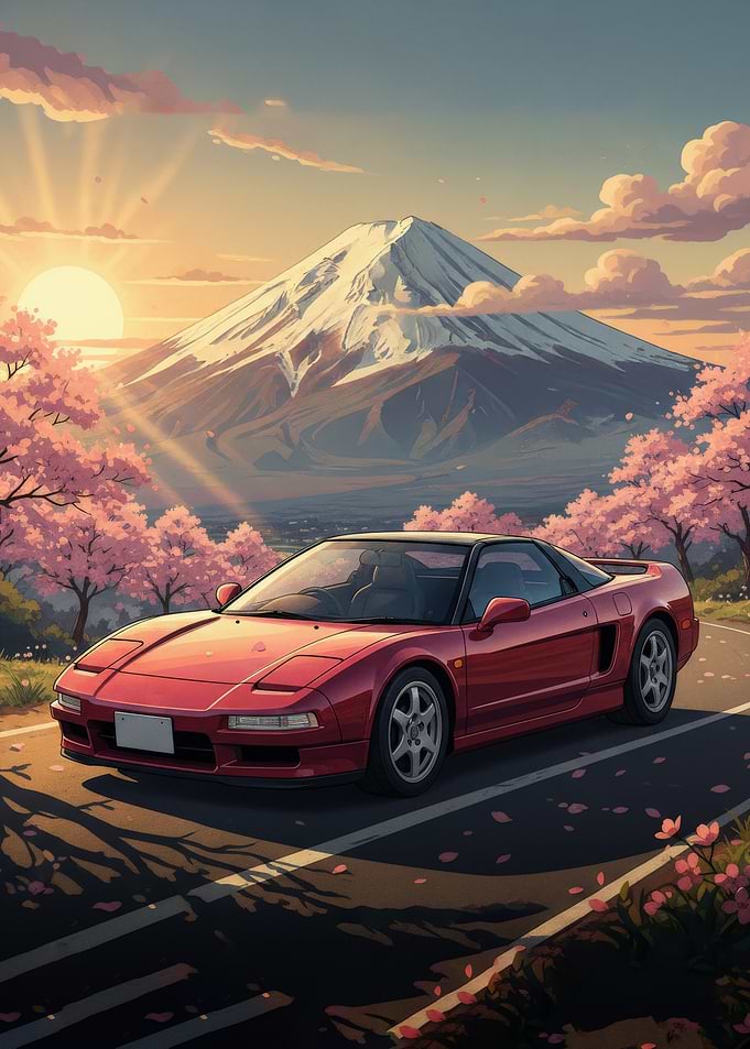 Red Sports Car with Mount Fuji and Cherry Blossoms