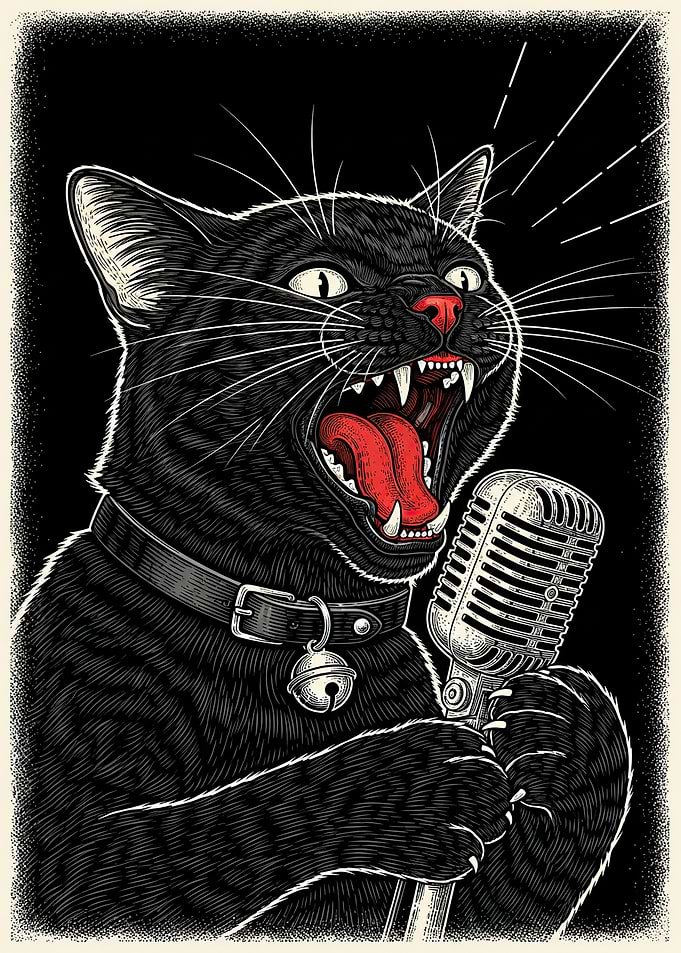 Black Cat Singing into Microphone