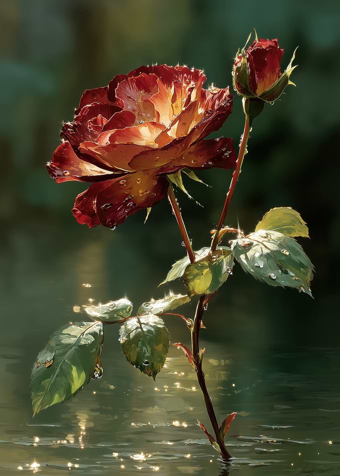 Rose with Water Droplets in Sunlight