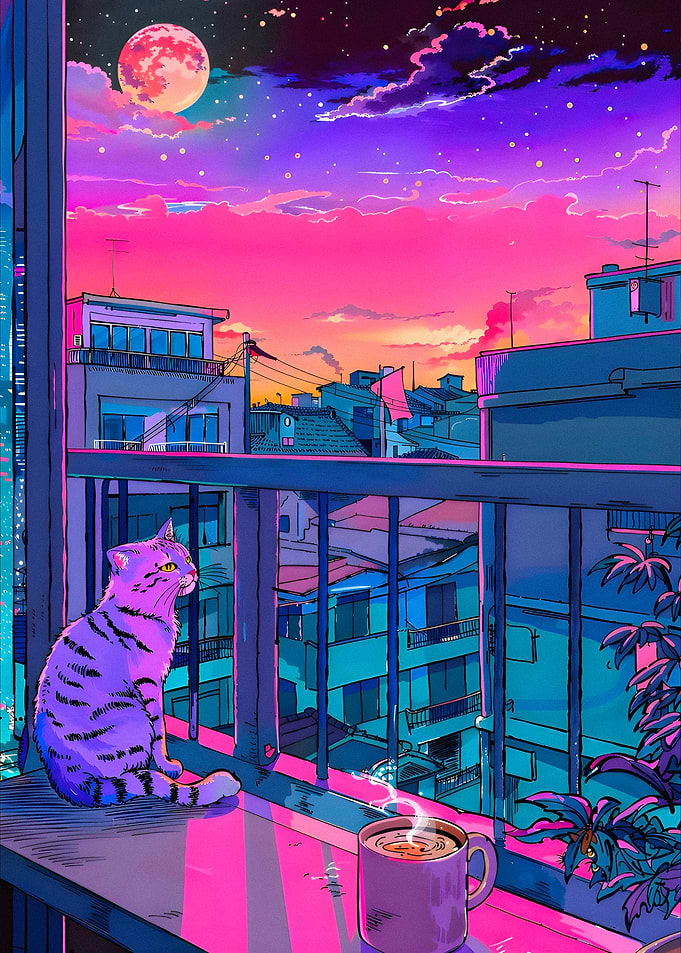 Cat on Balcony at Sunset