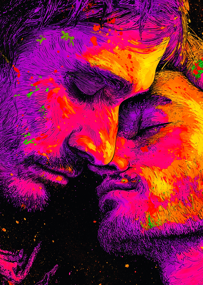 Vibrant Neon Kissing Men Art