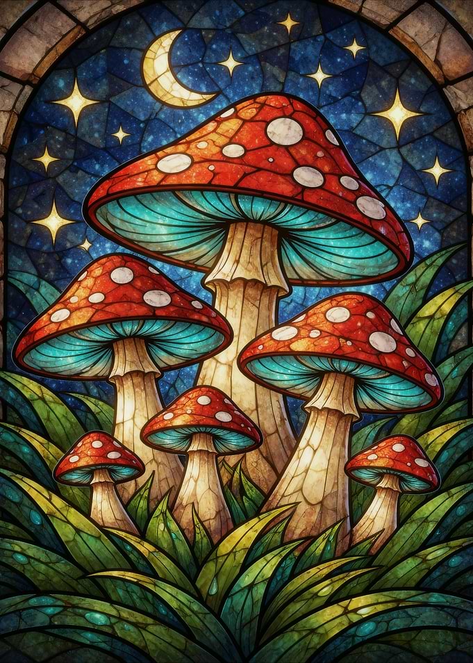 Stained Glass Mushrooms Under the Moon